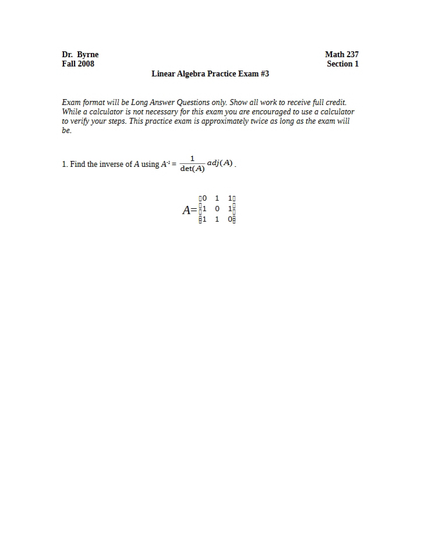 Practice Exam Three for Linear Algebra