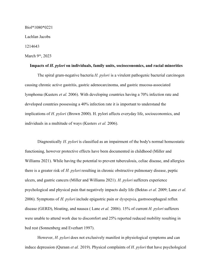 Impacts of H. pylori Infection