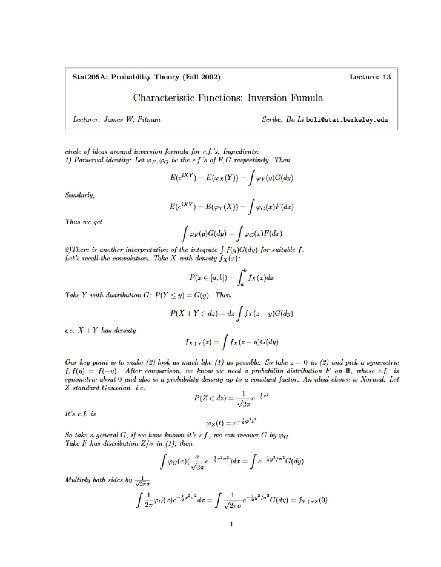 Inversion Formula for Characteristic Functions