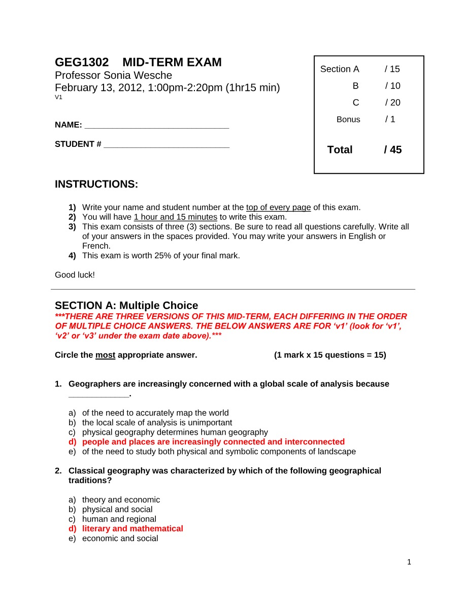Mid-Term Exam for GEG1302