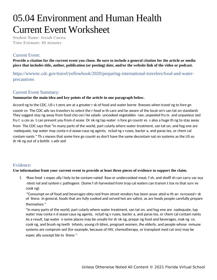 05.04 Environment and Human Health Current Event Worksheet Section 3