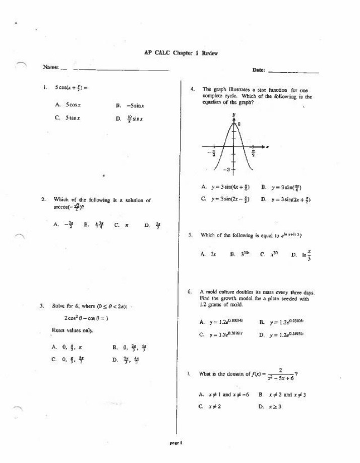 Chapter 1 Review for AP Calculus
