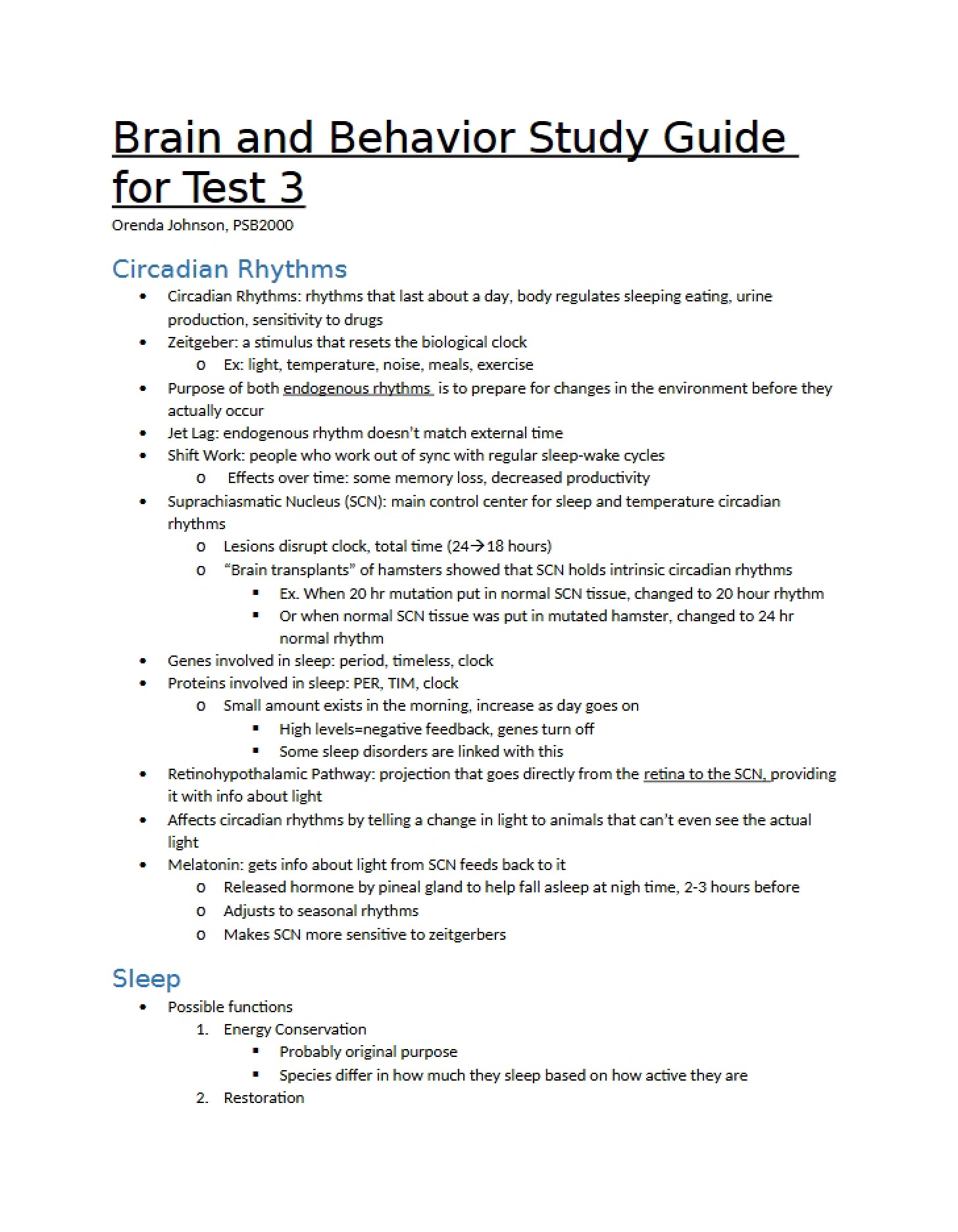 Test 3 Study Guide Brain and Behavior