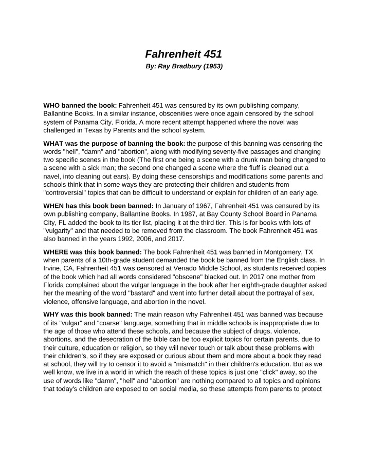 Banning and Censorship Analysis - Fahrenheit 451