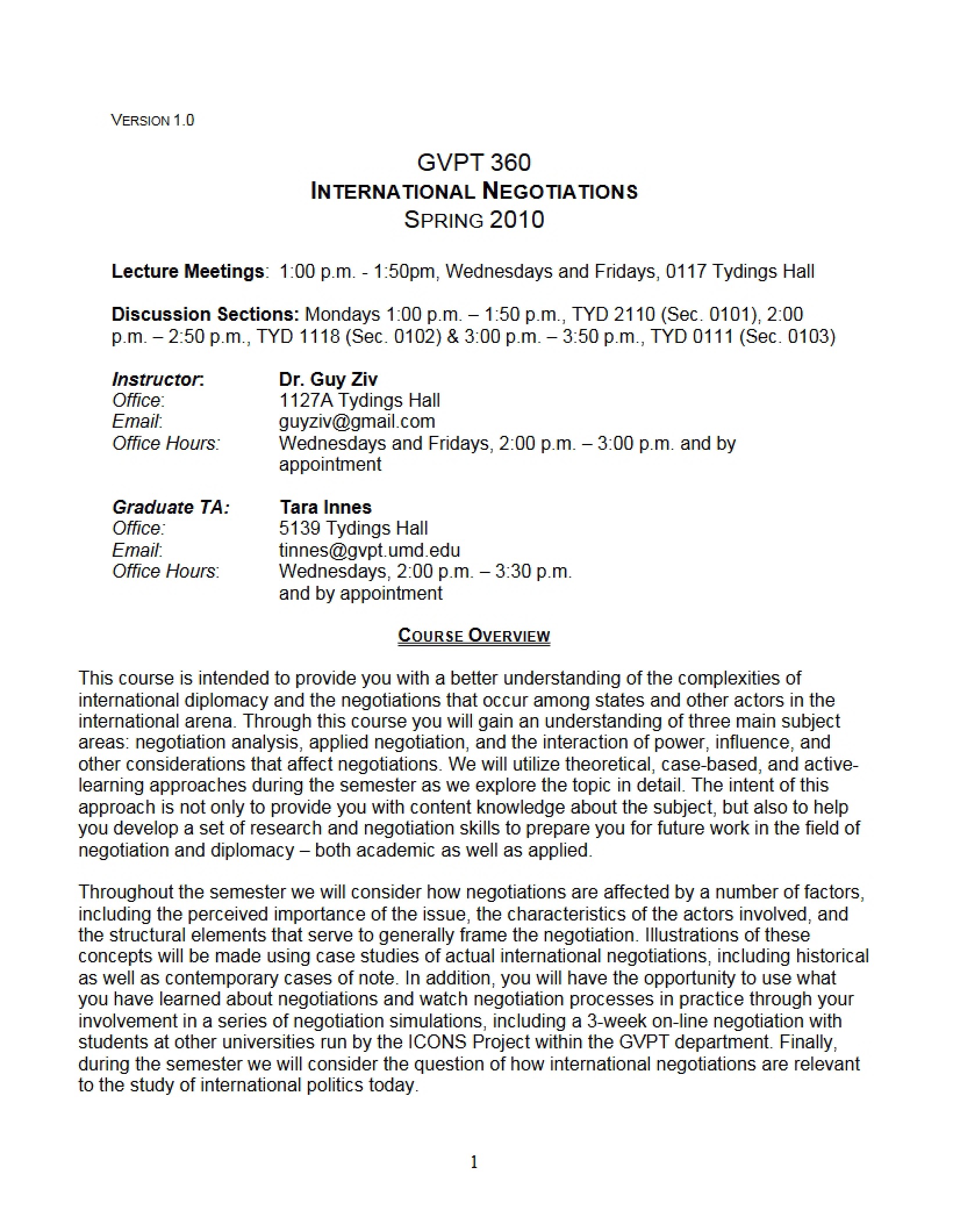 Syllabus for Negotiations Class