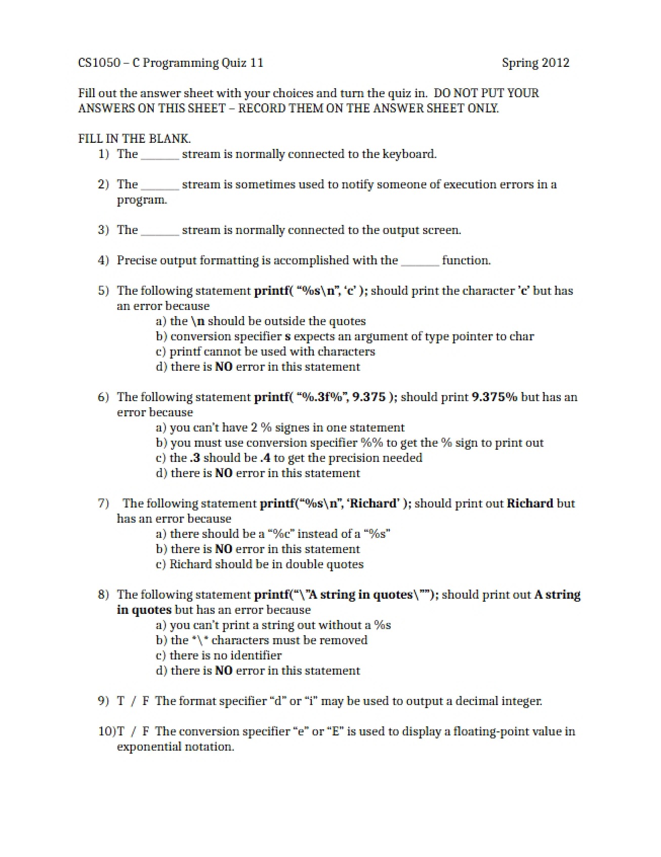 Quiz 11 B (CS1050)