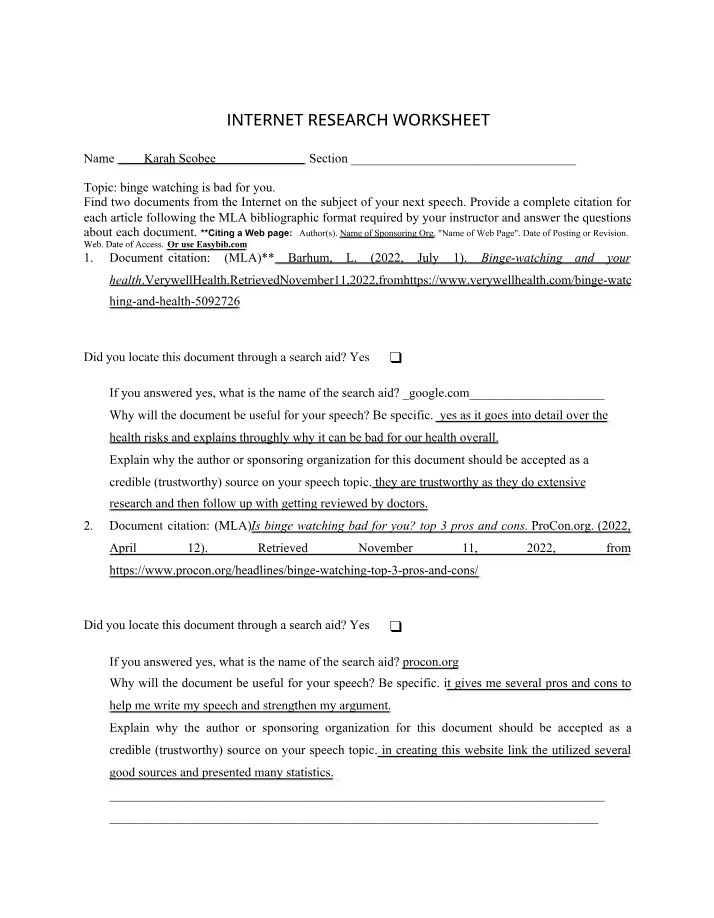 Worksheet for Internet Research