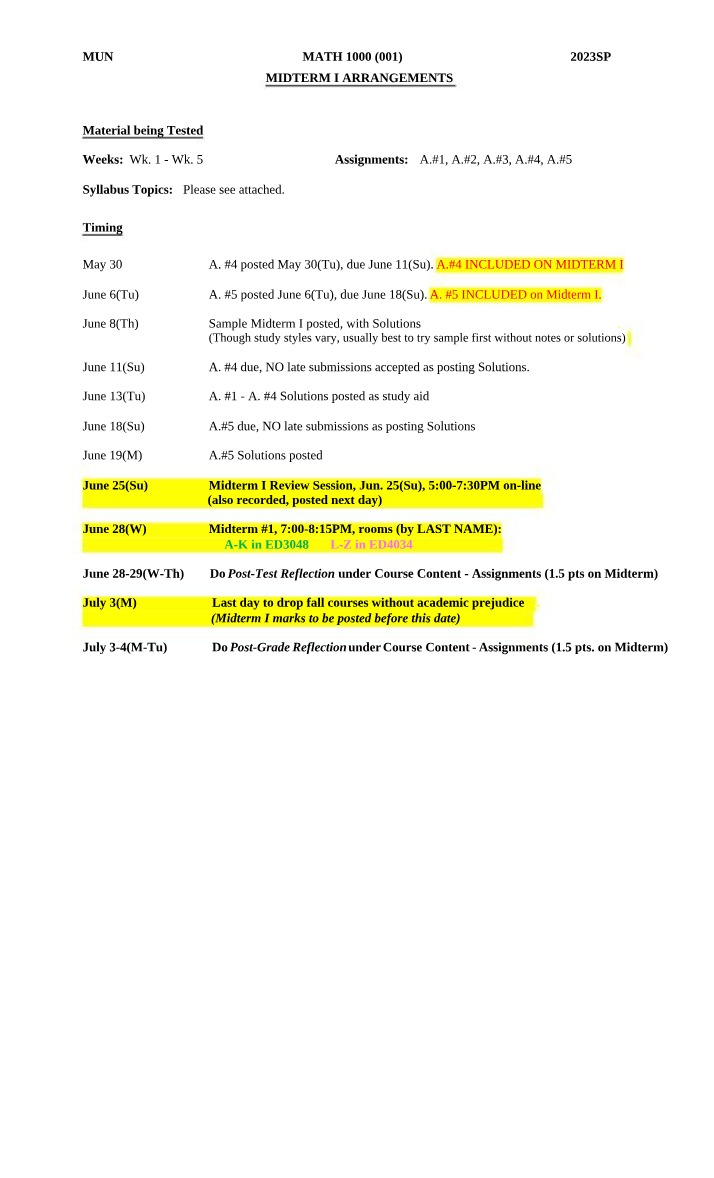 Arrangements for MATH 1000 Midterm 1