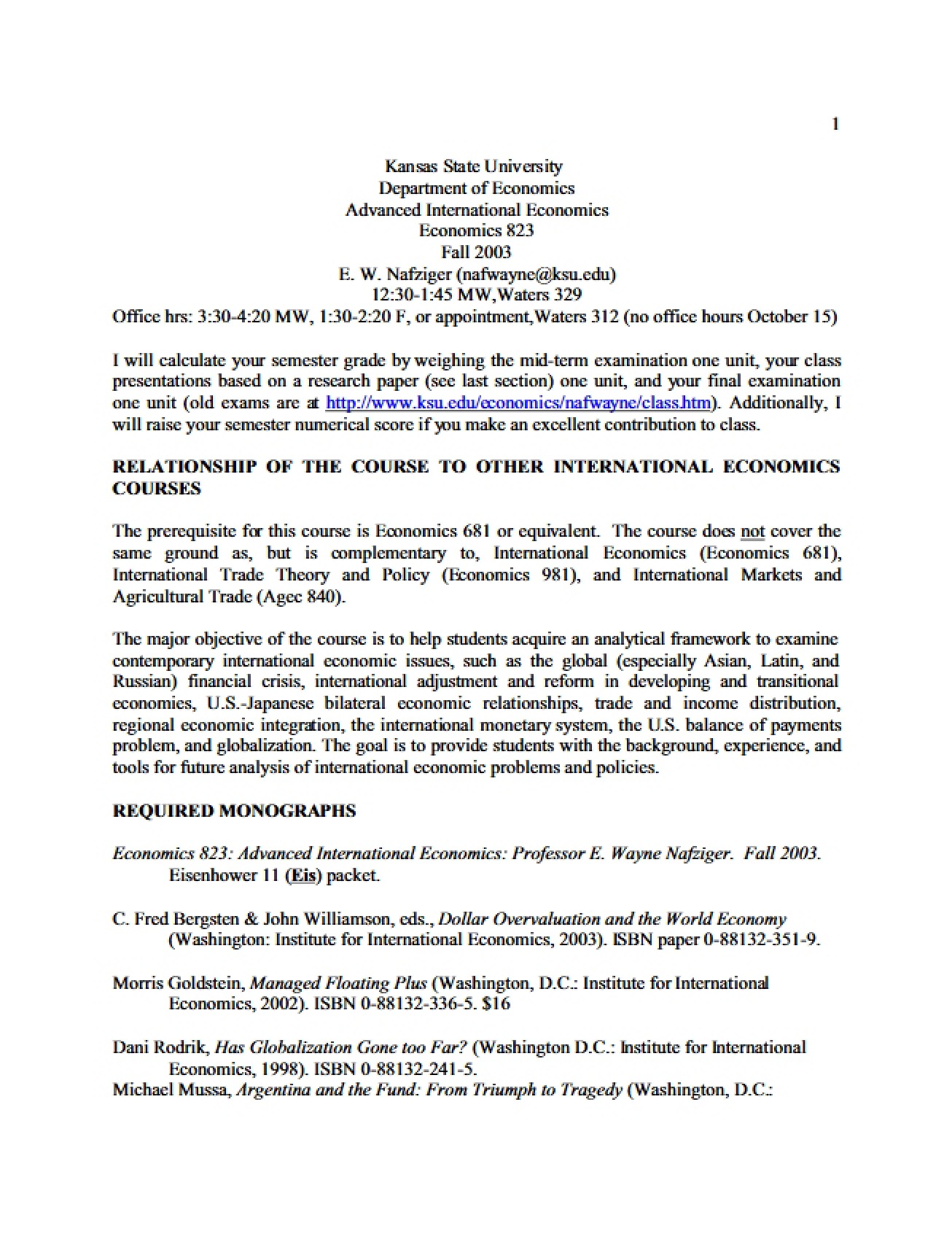 Course Syllabus for an Advanced International Economics Class