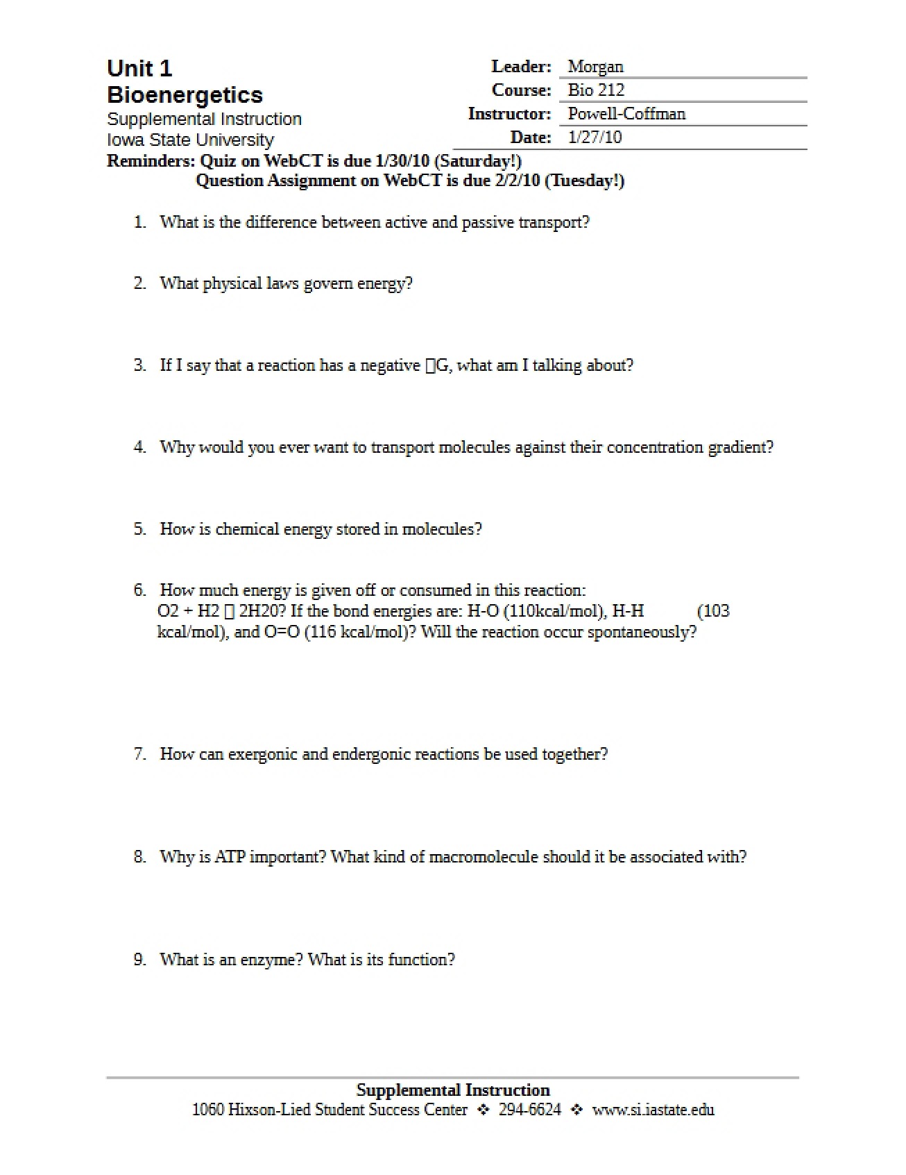 Study Questions on Bioenergetics