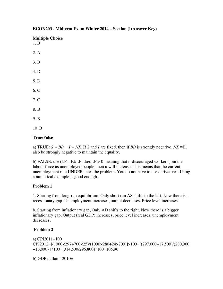 Winter 2014 Midterm Exam (Section J) Answer Key - ECON 203