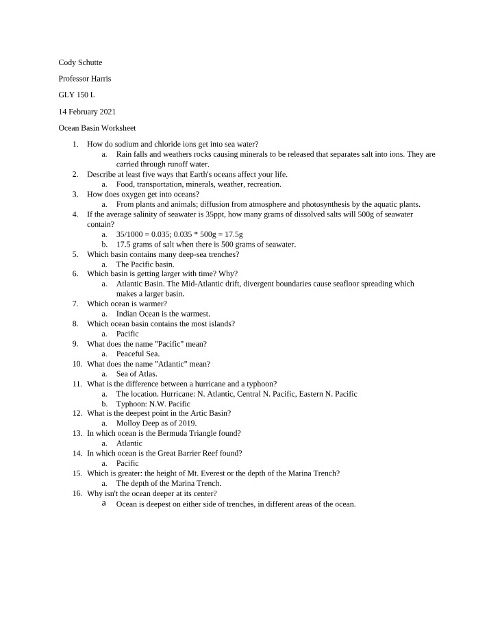 Worksheet for Ocean Basin