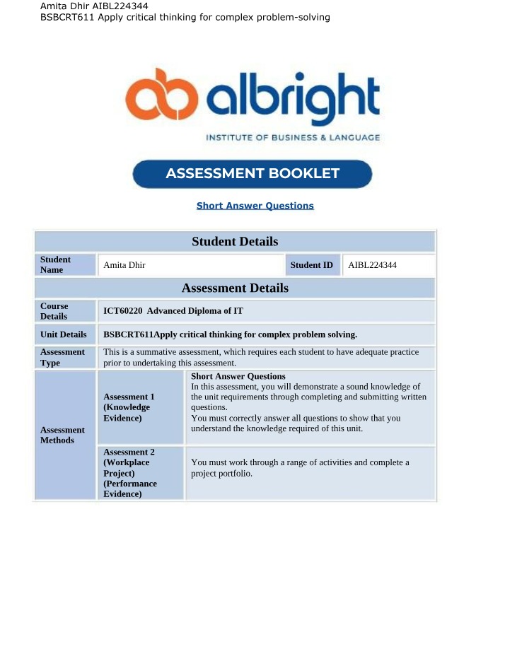 Assessment Booklet - Apply Critical Thinking for Complex Problem-Solving