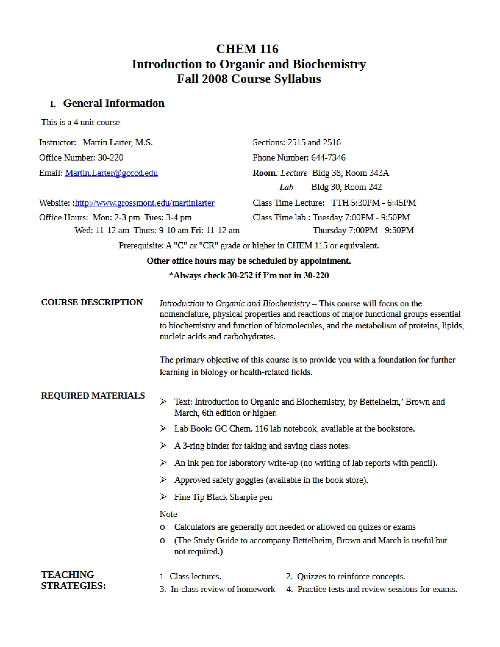 Chemistry 115 Course Syllabus