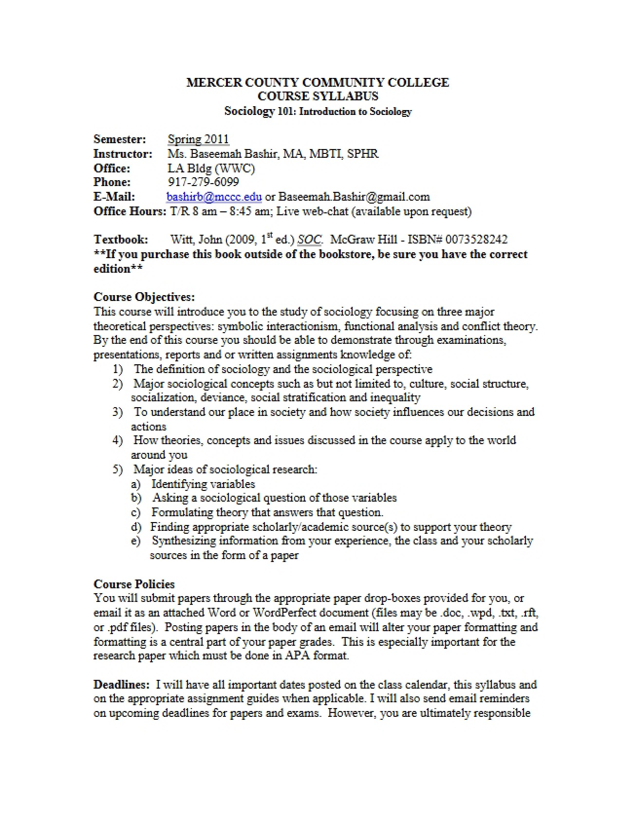 Syllabus for Sociology 101