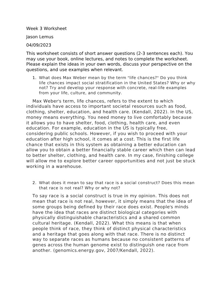 Worksheet on Life Chances and Social Stratification in the US