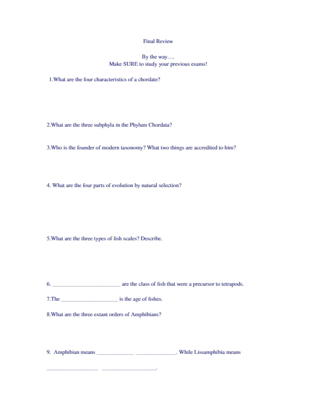 Comprehensive Review for the Vertebrate Biology Final