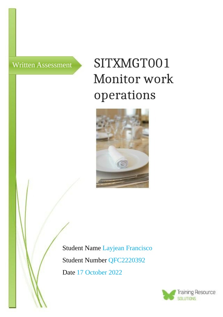 Written Assessment for SITXMGT001 Monitor Work Operations