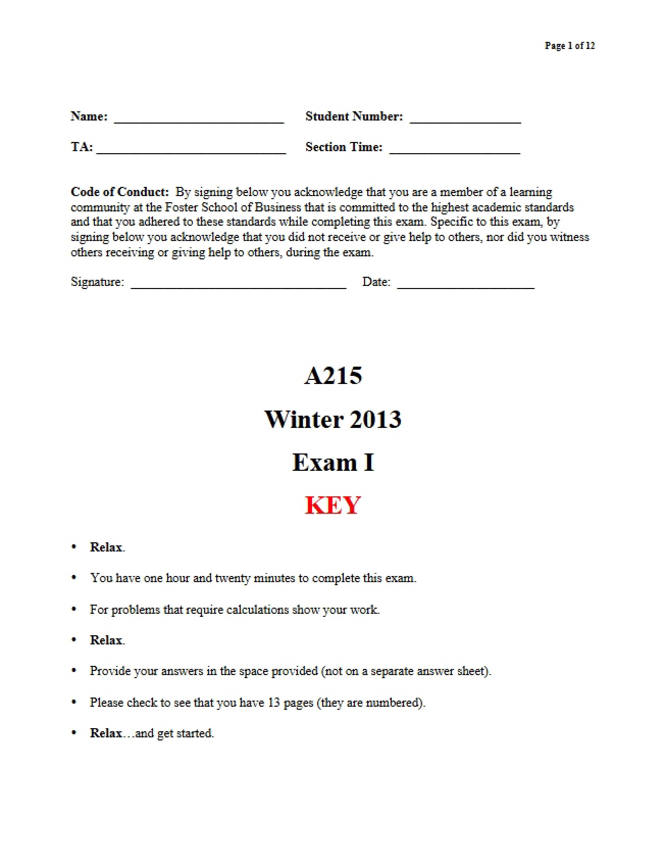 Key for Exam 1 (2013)