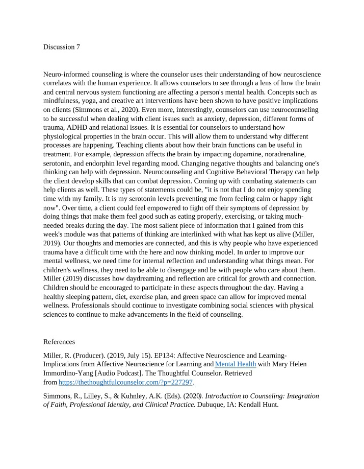 COUNSELING501 Discussion 7