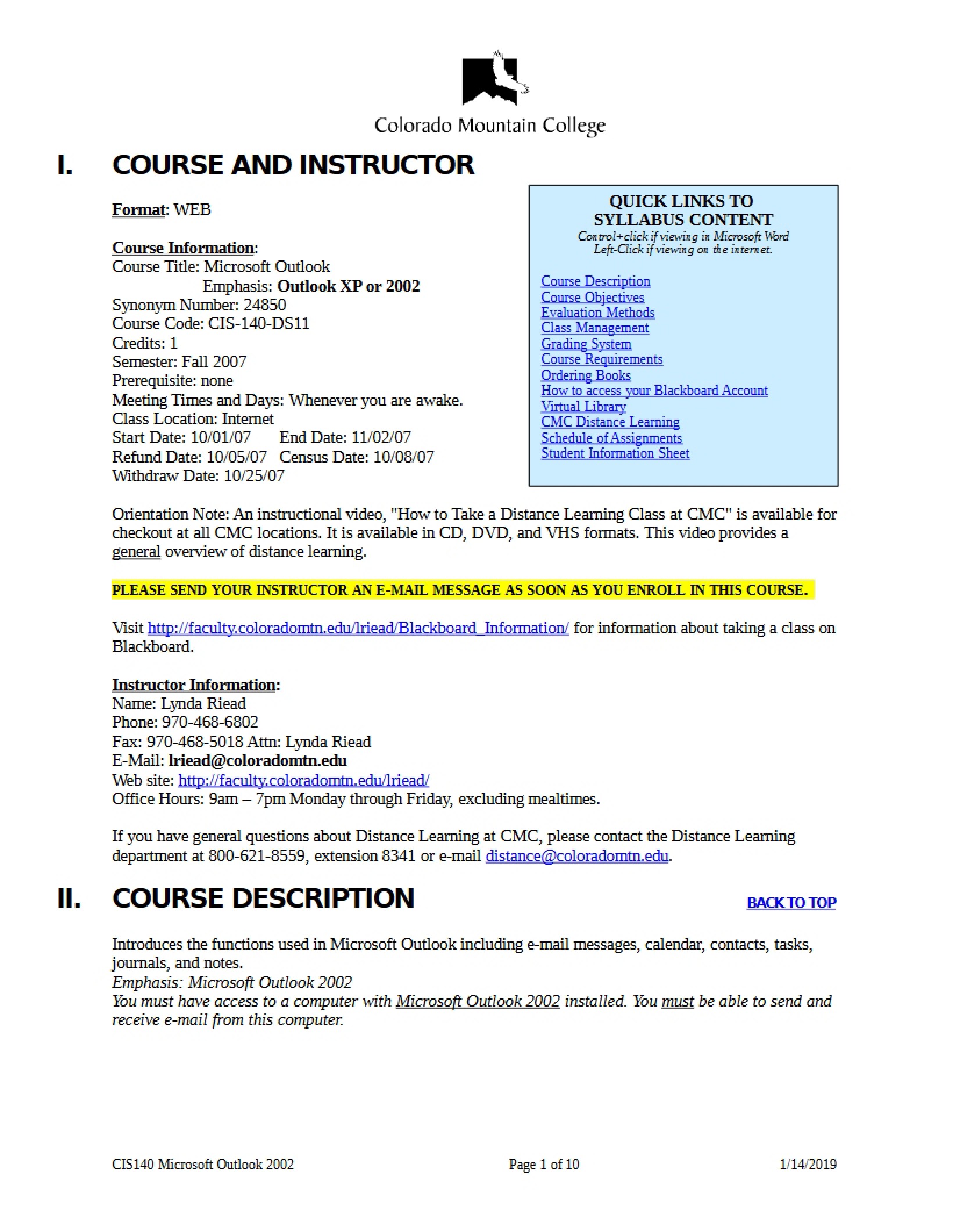 Outlook Course Syllabus