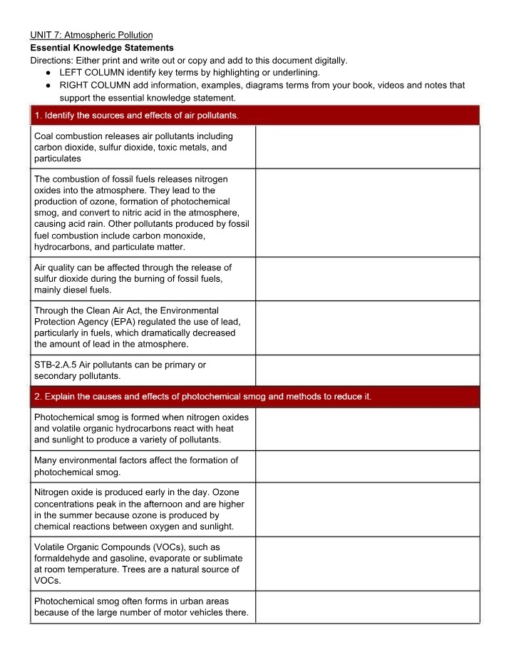 Notes Template for Unit 7 Essential Knowledge