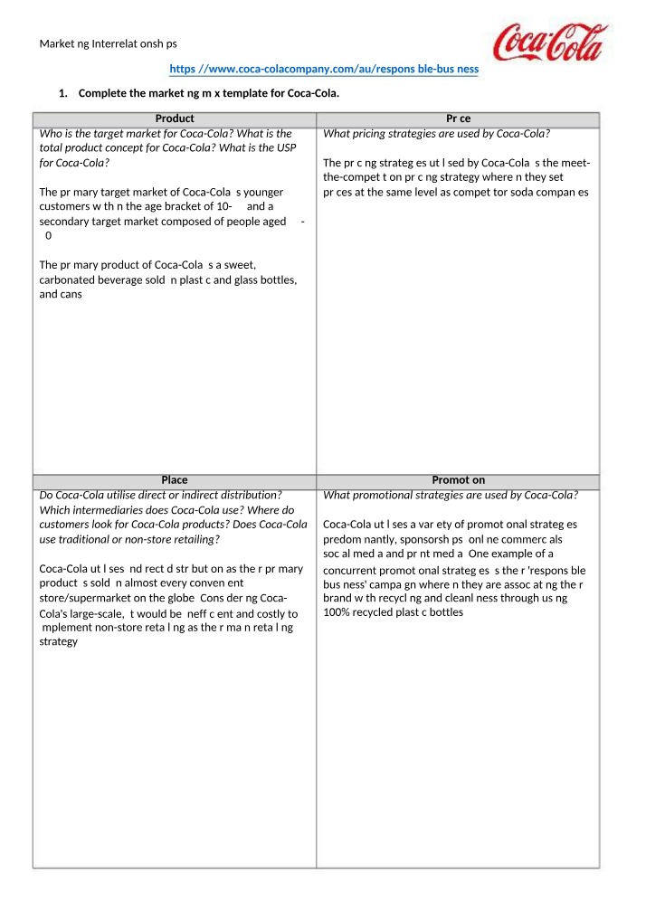 Worksheet on Marketing Interrelationships
