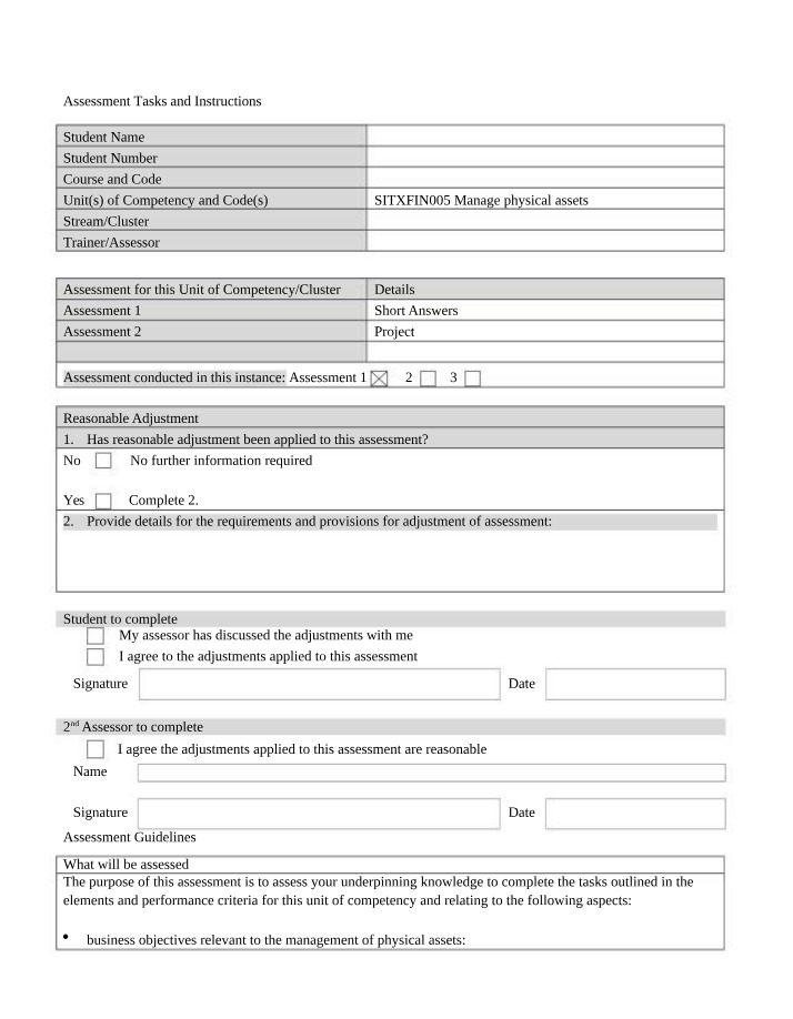 Manage Physical Assets - SITXFIN005 Assessment Tasks