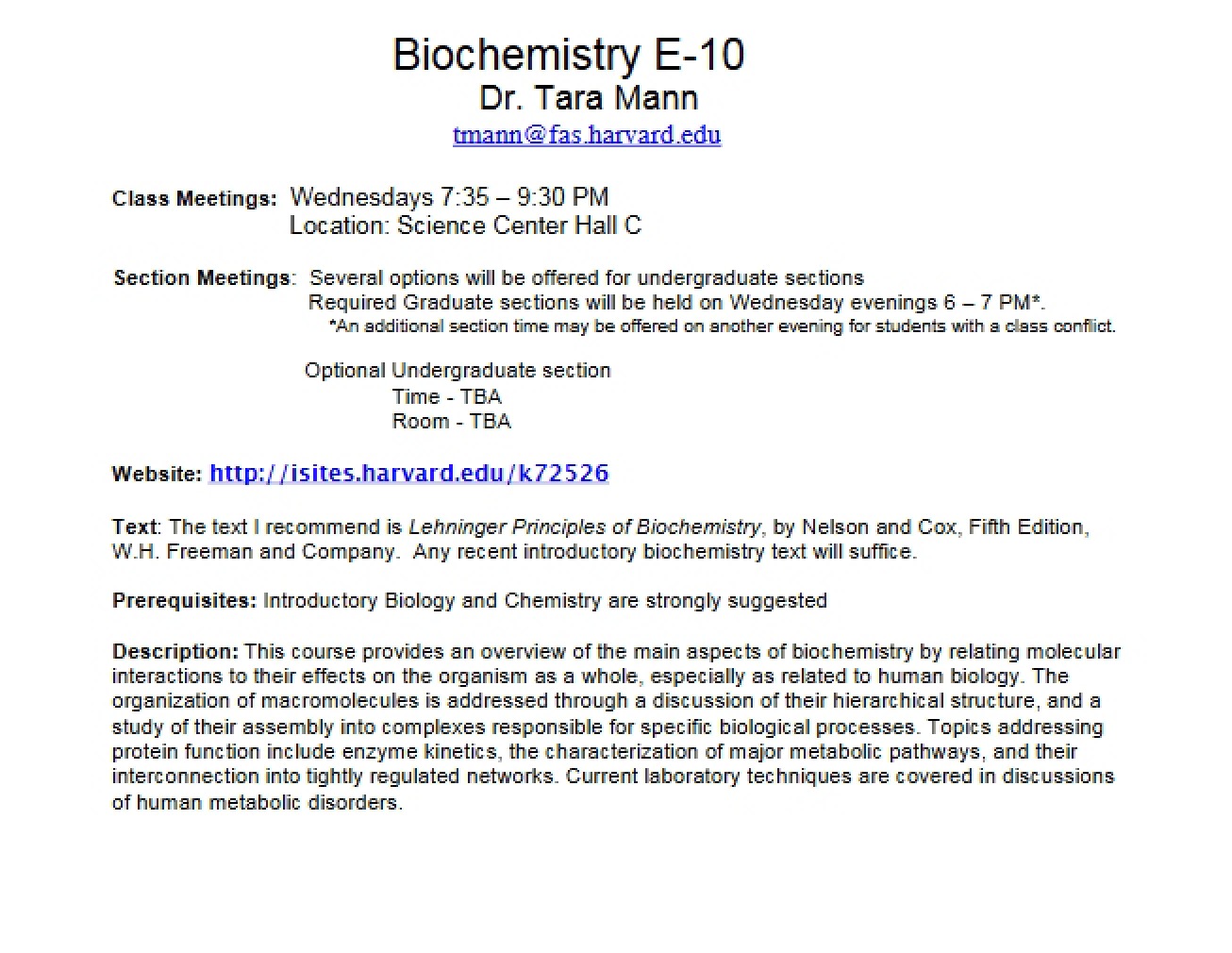 Course Syllabus for Introductory Biochemistry
