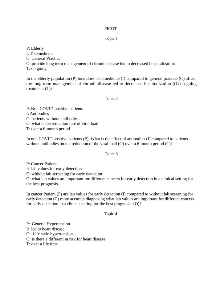 Questions for PICOT