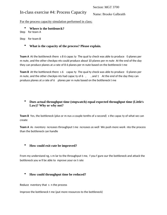 Process Capacity - In-class Exercise 4