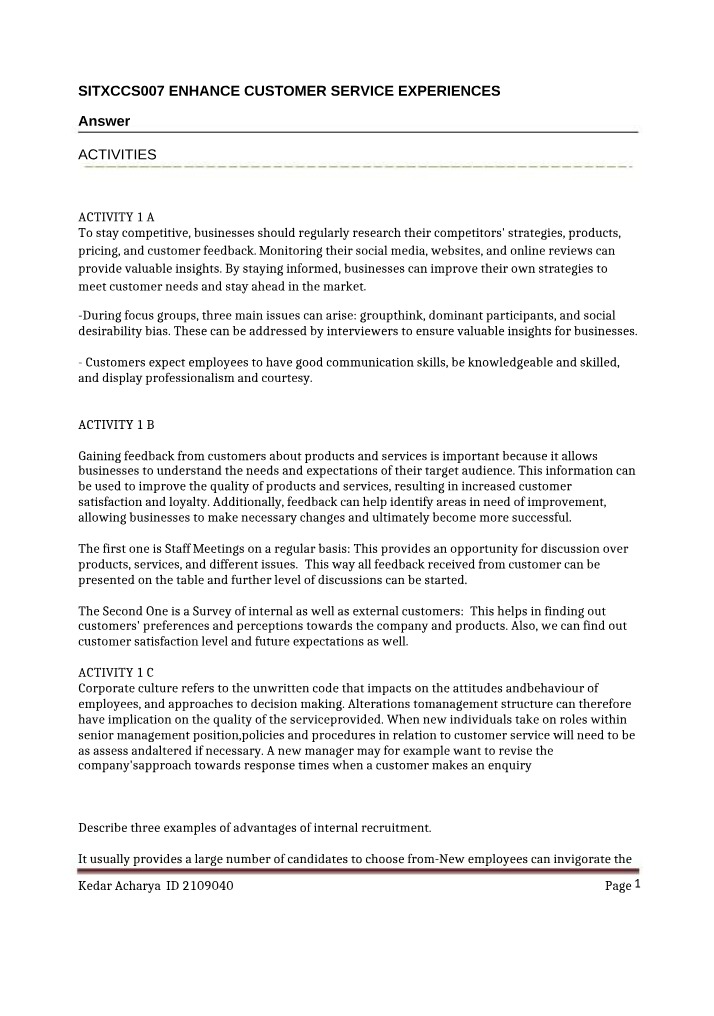 SITXCCS007 - Customer Service Experience Activities