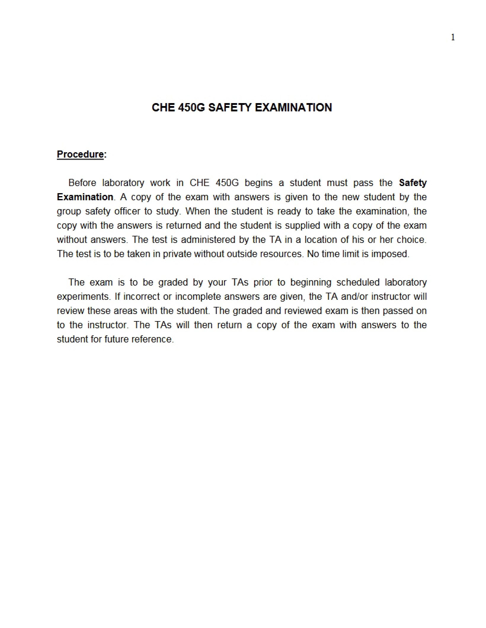 Safety Exam for CHE 450G