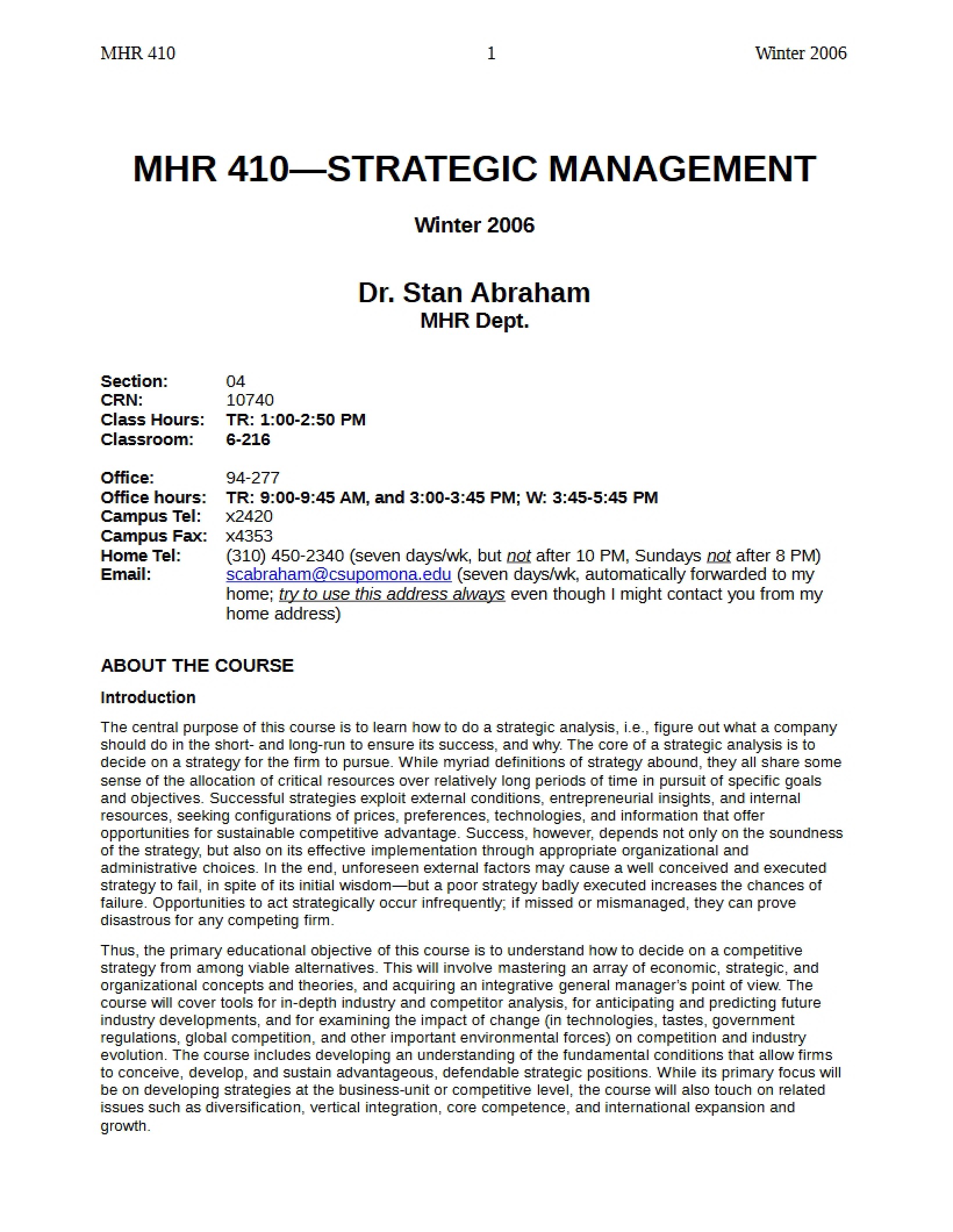 Strategic Management Syllabus