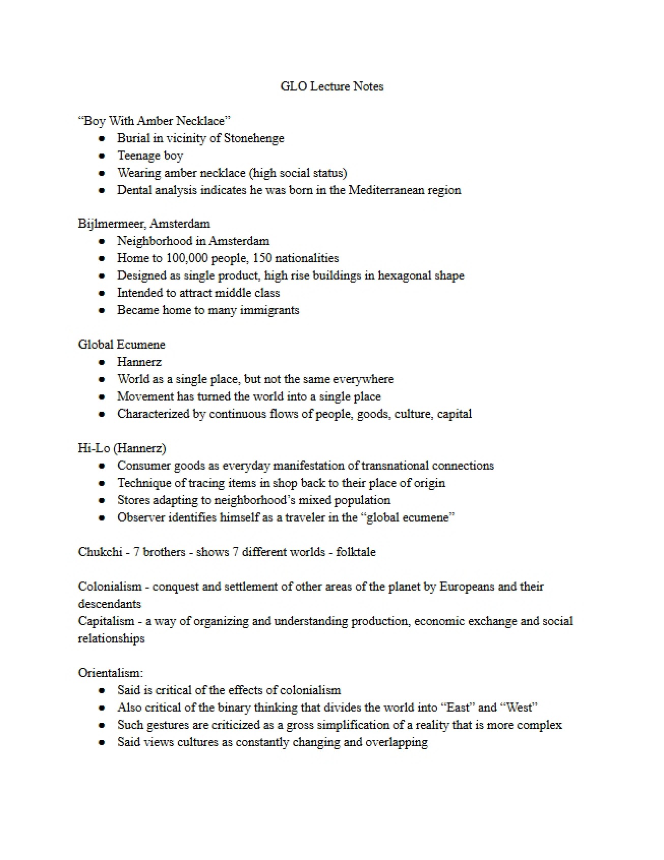 Global Studies Lecture Notes