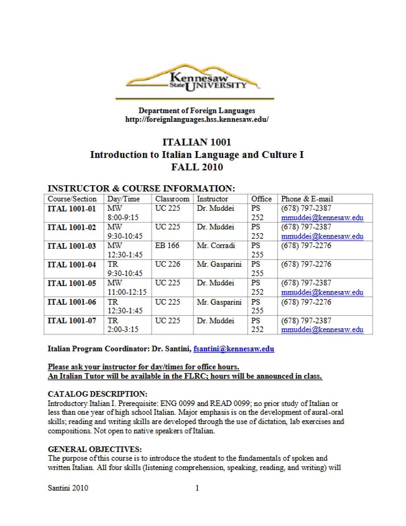 Italian I Course Document