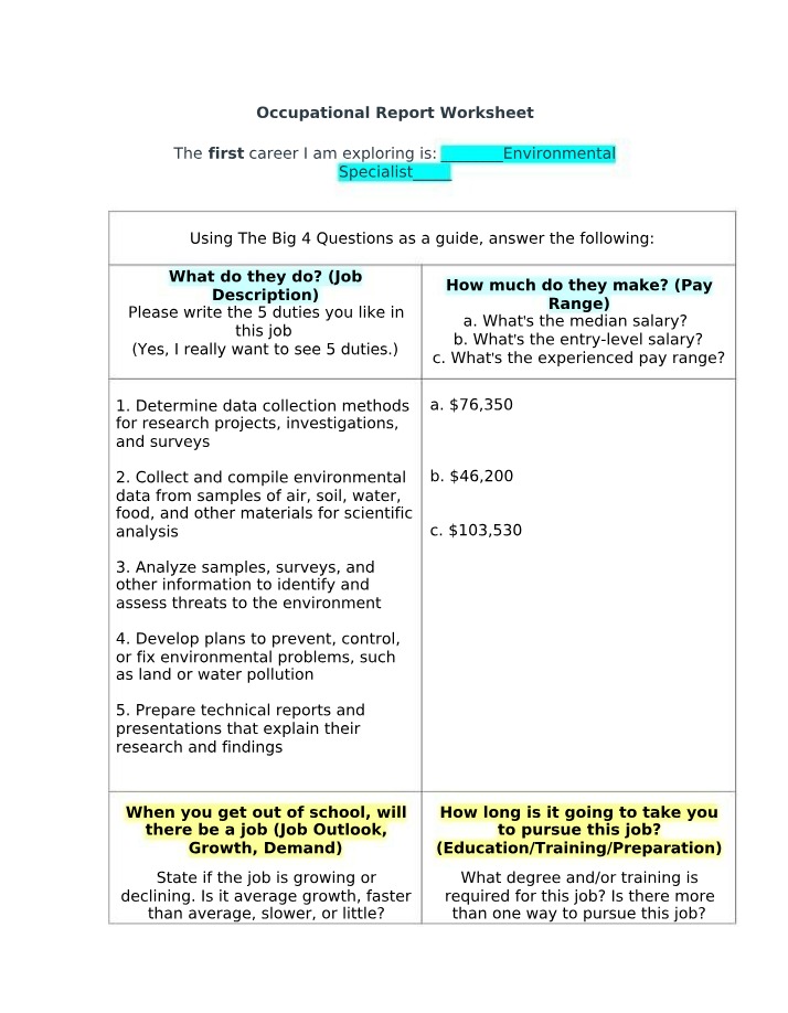 Worksheet for Occupational Report
