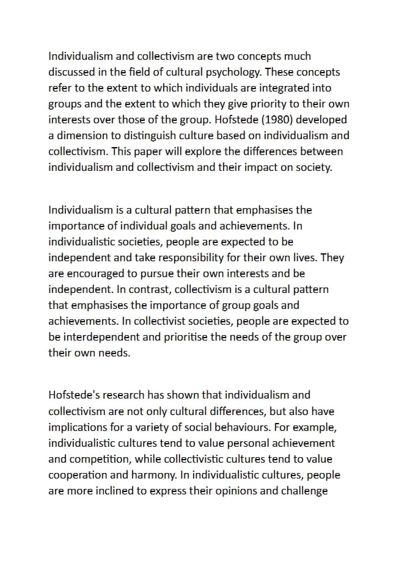 Comparison of Individualism and Collectivism
