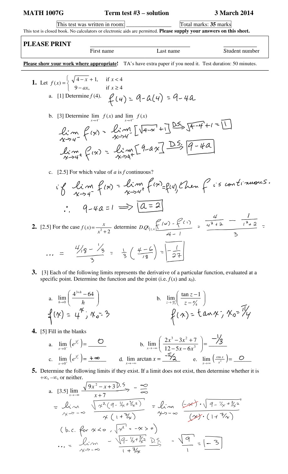 Term Test 3 Solution - MATH 1007G