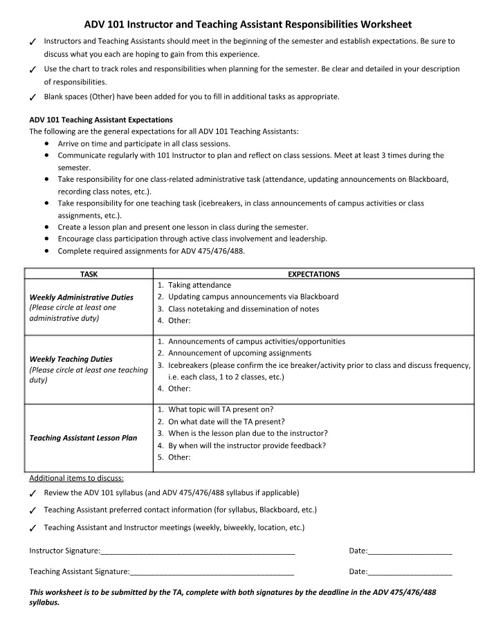 Worksheet for Instructor and Teaching Assistant Responsibilities