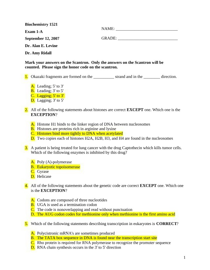Exam 1-A - Okazaki Fragments, Histones, and Genetics