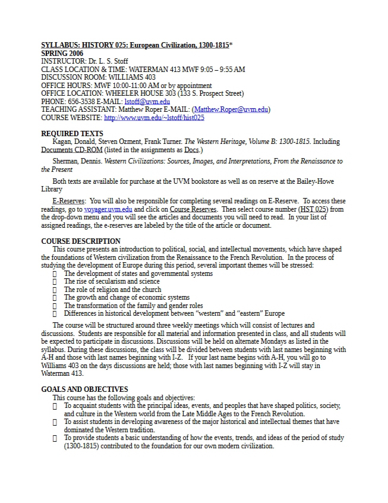 European Civilization Syllabus