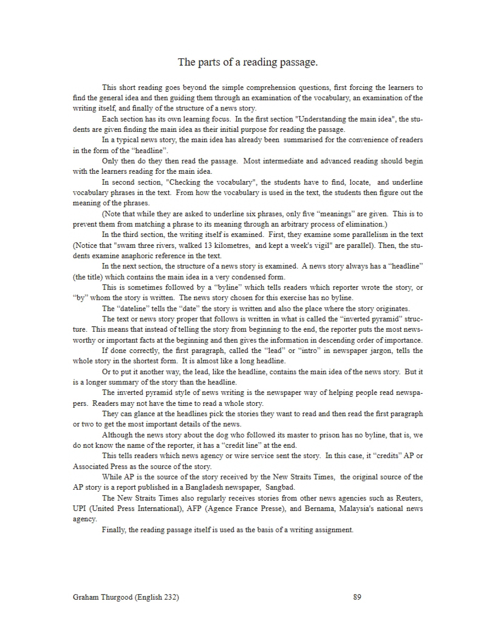 Reading Passage Components