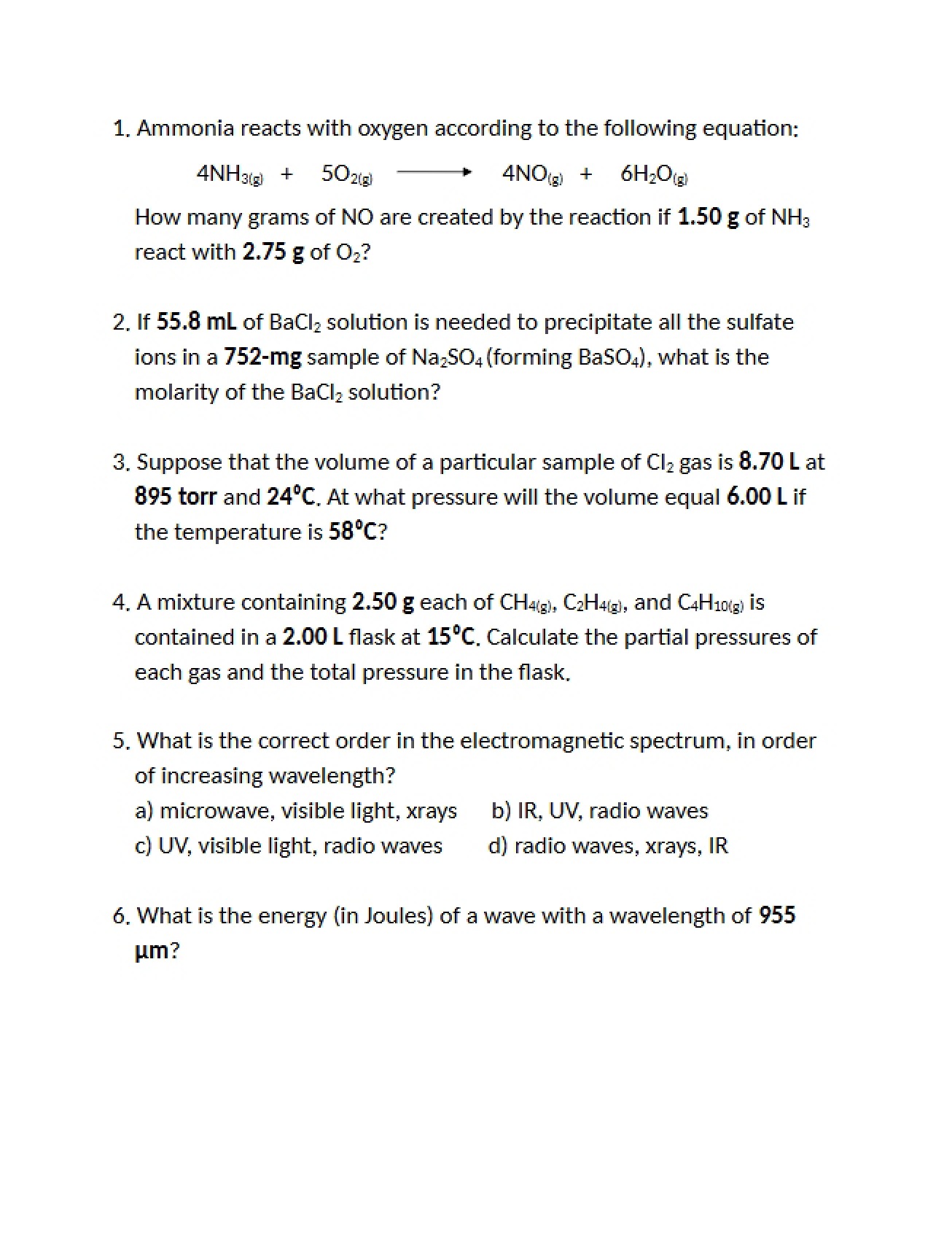 Sample Examination for the Engineers' Chemistry Course