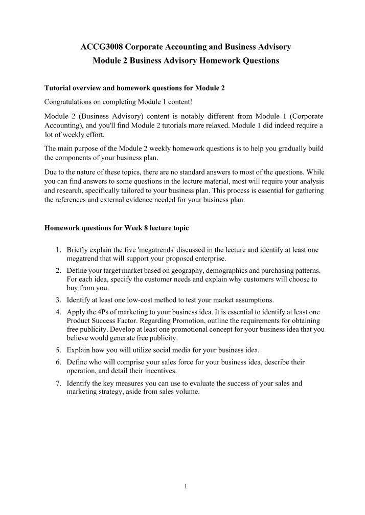 ACCG3008 Homework Questions - Business Advisory Module 2