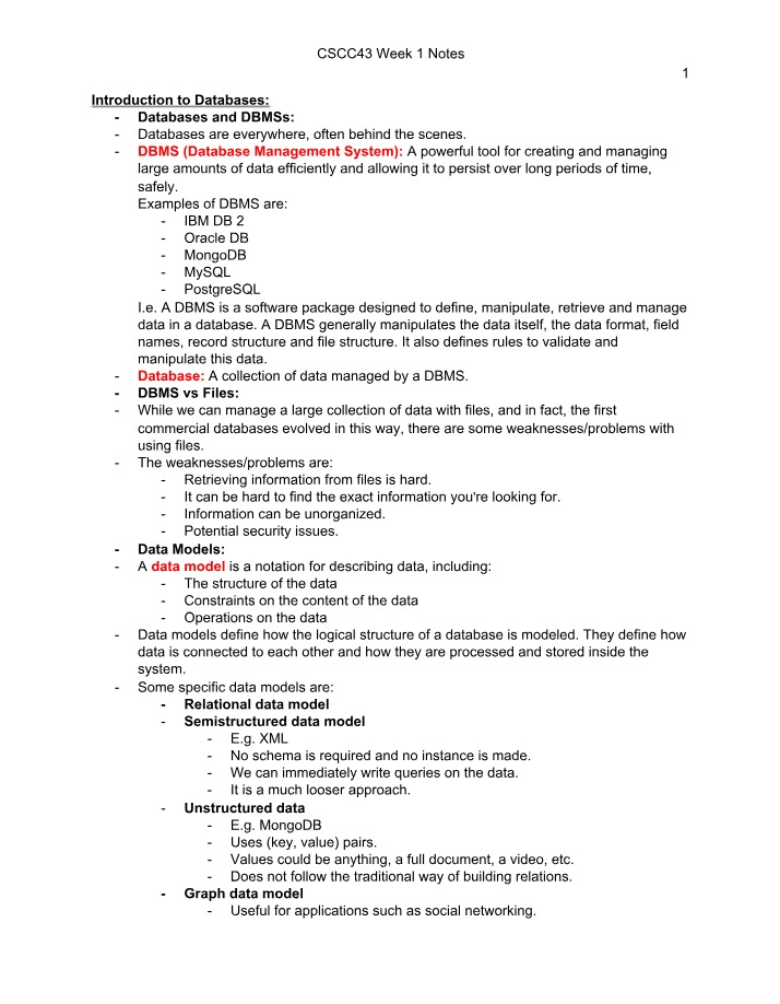 Introduction to Databases - Data Models and DBMS