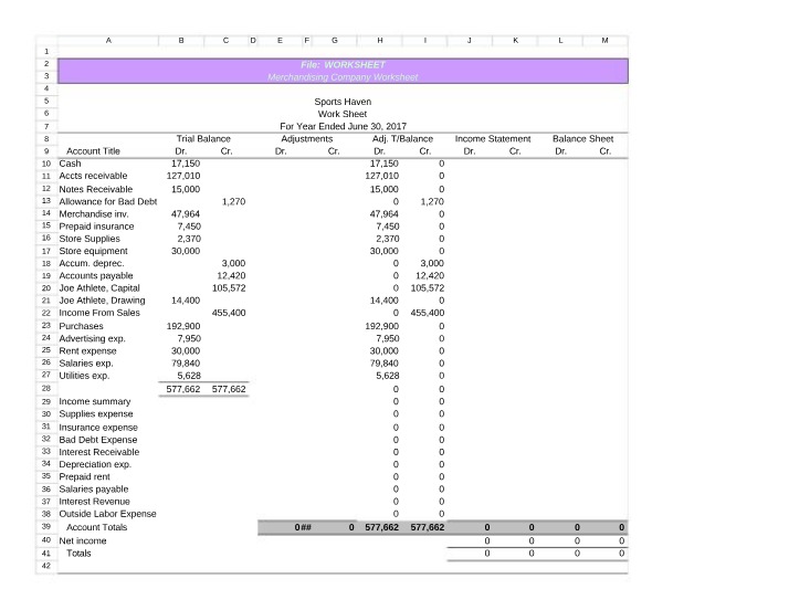 Worksheet for Merchandising Company