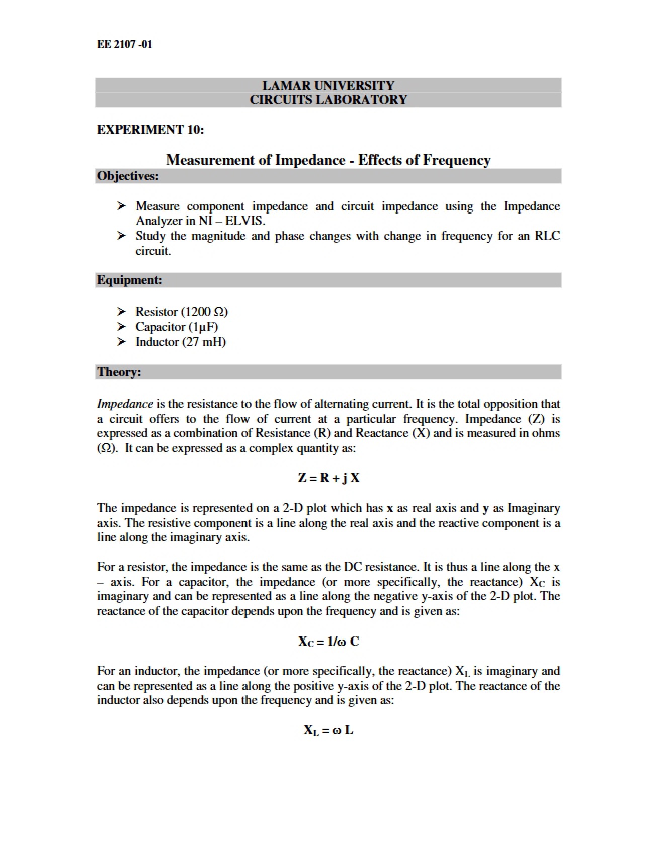 Tenth Laboratory Exercise for Circuits