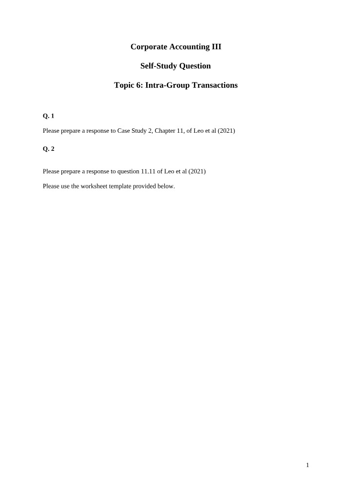 Case Study and Analysis - Intra-Group Transactions