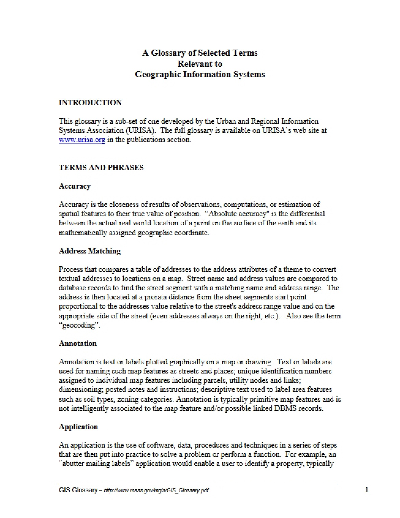 Geographic Information Systems Terminology Glossary